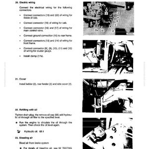 May include: A page from a manual titled "Disassembly and Assembly" with diagrams and instructions for electrical wiring, cover installation, and oil refilling. Includes diagrams with numbered parts and text descriptions.