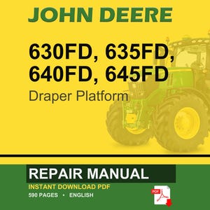 May include: A John Deere repair manual cover with a yellow background. The text includes "JOHN DEERE" in green, model numbers, and "Draper Platform." A green tractor is visible. The bottom banner reads "REPAIR MANUAL" and "INSTANT DOWNLOAD PDF."