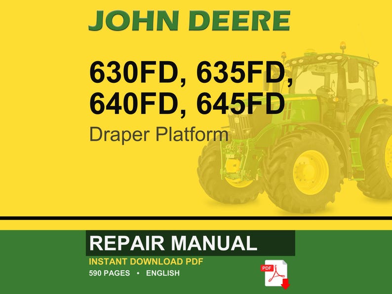 May include: A John Deere repair manual cover with a yellow background. The text includes "JOHN DEERE" in green, model numbers, and "Draper Platform." A green tractor is visible. The bottom banner reads "REPAIR MANUAL" and "INSTANT DOWNLOAD PDF."
