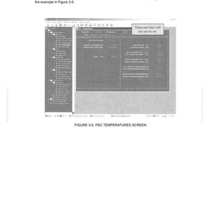 Pu&ograve; includere: Uno screenshot di un'interfaccia di programma per computer, che mostra le letture della temperatura e le informazioni di sistema. Il testo "FIGURE 3-6. PSC TEMPERATURES SCREEN" &egrave; visibile. Ulteriori testi includono istruzioni e note sul sistema.