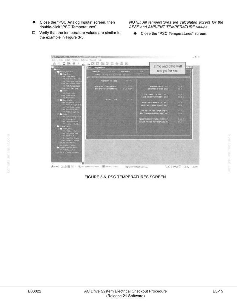 Pu&ograve; includere: Uno screenshot di un'interfaccia di programma per computer, che mostra le letture della temperatura e le informazioni di sistema. Il testo "FIGURE 3-6. PSC TEMPERATURES SCREEN" &egrave; visibile. Ulteriori testi includono istruzioni e note sul sistema.