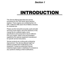 Pode incluir: Um manual branco intitulado "INTRODUCTION" com o logotipo da Yanmar. O manual descreve os procedimentos de servi&ccedil;o para os motores de inje&ccedil;&atilde;o direta da s&eacute;rie TNV, certificados pela EPA dos EUA e outras diretivas. Inclui instru&ccedil;&otilde;es de seguran&ccedil;a e informa&ccedil;&otilde;es de contato.