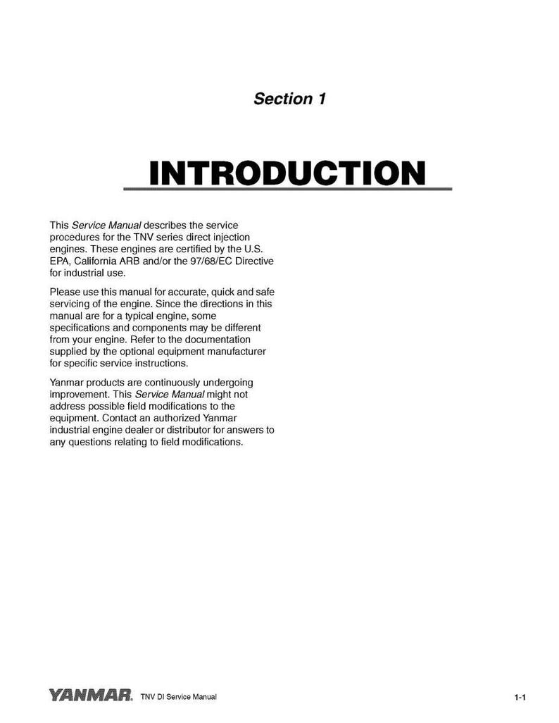 Pode incluir: Um manual branco intitulado "INTRODUCTION" com o logotipo da Yanmar. O manual descreve os procedimentos de servi&ccedil;o para os motores de inje&ccedil;&atilde;o direta da s&eacute;rie TNV, certificados pela EPA dos EUA e outras diretivas. Inclui instru&ccedil;&otilde;es de seguran&ccedil;a e informa&ccedil;&otilde;es de contato.