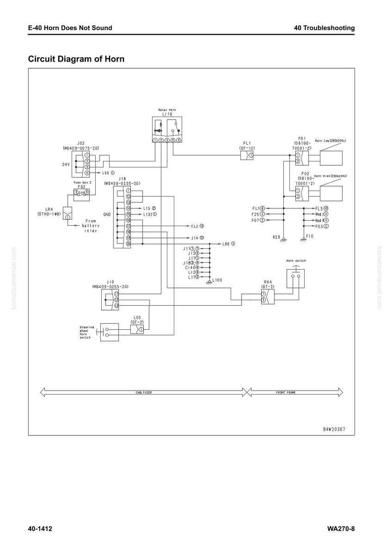 May include: A circuit diagram of a horn, labeled "Circuit Diagram of Horn," with various electrical components and wiring. The diagram includes text such as "24V," "GND," and "Horn switch."