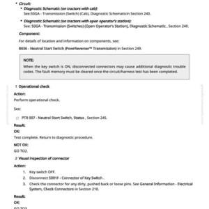Pu&ograve; includere: Una pagina bianca con testo nero che descrive un test del circuito per un interruttore di avviamento neutro. Il testo include istruzioni per controlli operativi, ispezioni visive e controlli di continuit&agrave;. Il documento proviene da greenfarmmanuals.com.