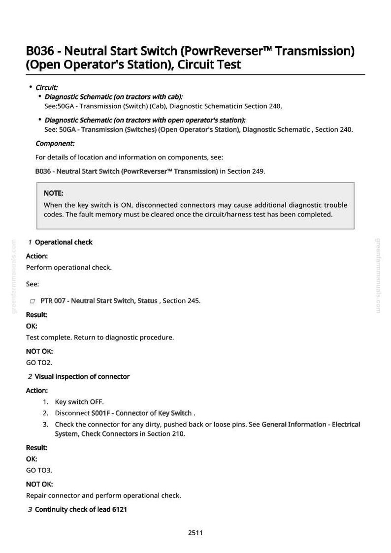 Pu&ograve; includere: Una pagina bianca con testo nero che descrive un test del circuito per un interruttore di avviamento neutro. Il testo include istruzioni per controlli operativi, ispezioni visive e controlli di continuit&agrave;. Il documento proviene da greenfarmmanuals.com.