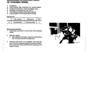 Peut inclure: Une page de manuel expliquant comment mesurer la force de fonctionnement d'un volant. Elle comprend les conditions, un outil sp&eacute;cial et une proc&eacute;dure de mesure. Un sch&eacute;ma montre un volant et un dynamom&egrave;tre.