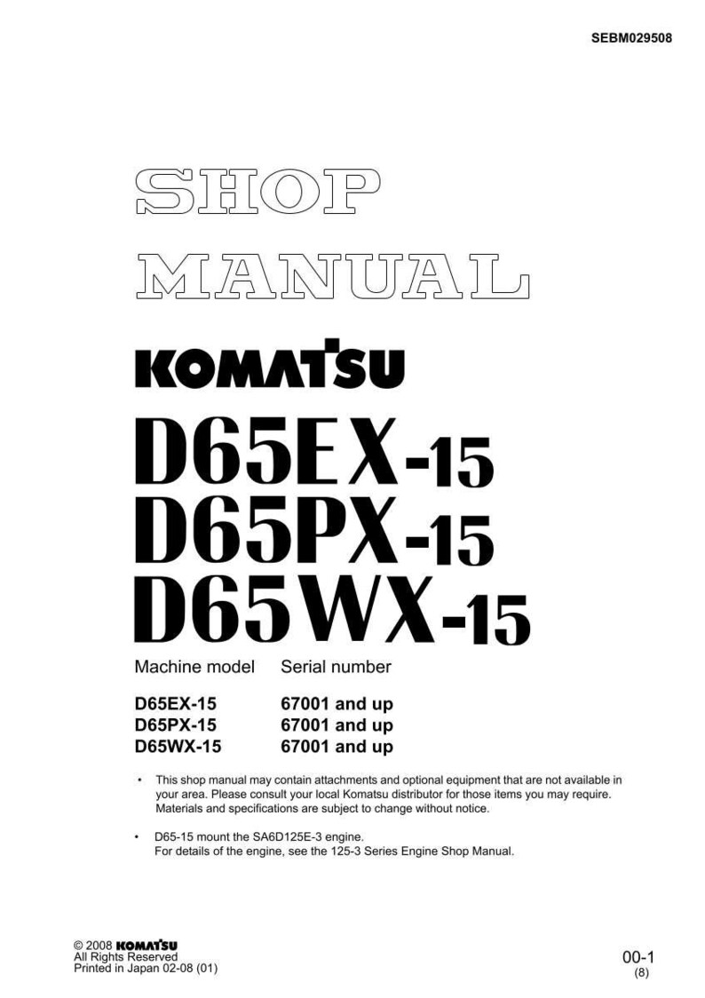 K&ouml;nnte beinhalten: Ein wei&szlig;es Werkstatthandbuch mit dem Komatsu-Logo und den Modellnummern D65EX-15, D65PX-15 und D65WX-15. Das Handbuch enth&auml;lt Informationen zu Maschinenmodell und Seriennummer, gedruckt in Japan.