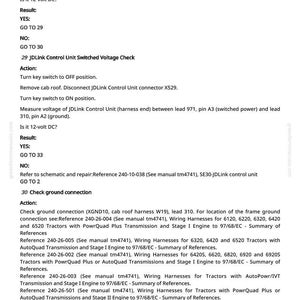May include: A page from a manual with troubleshooting steps for a JDLink Control Unit. The text includes instructions for voltage checks, ground connections, and references to wiring harnesses for various tractor models.