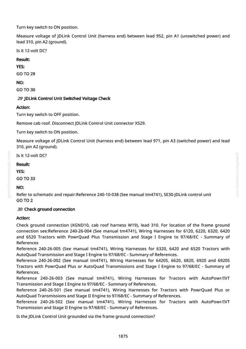 May include: A page from a manual with troubleshooting steps for a JDLink Control Unit. The text includes instructions for voltage checks, ground connections, and references to wiring harnesses for various tractor models.