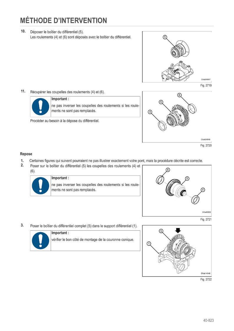 May include: Diagram of a differential assembly with numbered components and text instructions in French. The image includes exploded views of the parts, with labels and warnings about assembly. The text includes the title "M&Eacute;THODE D'INTERVENTION".