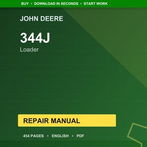 Pu&ograve; includere: Manuale di riparazione digitale per una pala caricatrice John Deere 344J. La copertina &egrave; un gradiente di verde con il testo "JOHN DEERE" in alto e "344J Loader" al centro. Il manuale &egrave; di 454 pagine ed &egrave; in inglese.