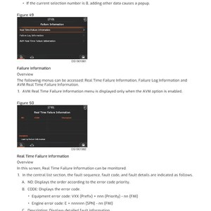 May include: A manual page with screenshots detailing a vehicle's failure information system. The screenshots display menus for real-time failure information, failure logs, and AVM real-time failure information. Text explains menu options and error codes.