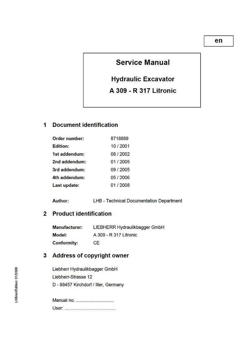 May include: A service manual for a Hydraulic Excavator A 309-R 317 Litronic. The document includes sections on document and product identification, with details such as the order number, edition, and manufacturer information. The manual is in English.