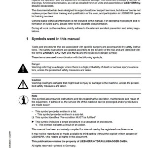 May include: A service manual with the title "Introduction" and "Symbols used in this manual." The document includes safety warnings and symbols for operating and maintaining LIEBHERR hydraulic excavators. The manual is printed in black and white.