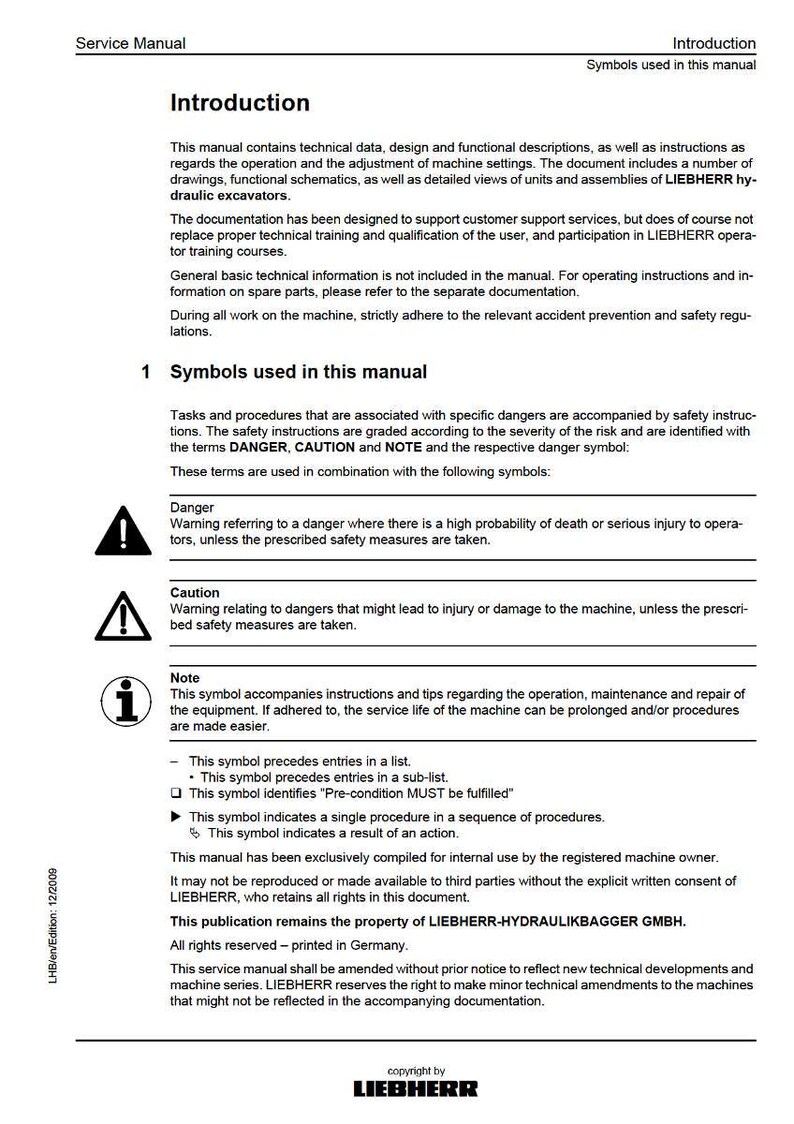 May include: A service manual with the title "Introduction" and "Symbols used in this manual." The document includes safety warnings and symbols for operating and maintaining LIEBHERR hydraulic excavators. The manual is printed in black and white.