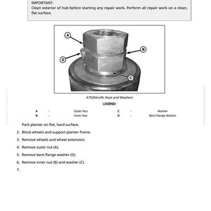 May include: Diagram illustrating wheel hub repair, with labelled nuts and washers. Text instructions detail the repair steps, including removing the outer nut, bent flange washer, and inner nut. The image is from a repair manual.
