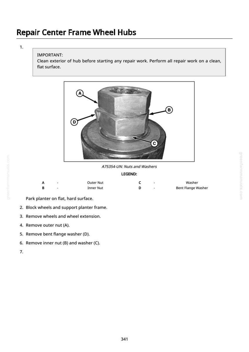 May include: Diagram illustrating wheel hub repair, with labelled nuts and washers. Text instructions detail the repair steps, including removing the outer nut, bent flange washer, and inner nut. The image is from a repair manual.