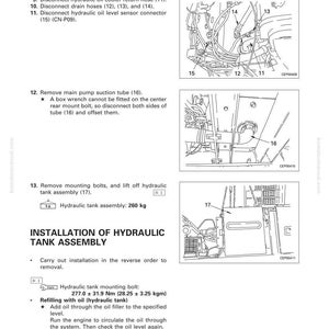 K&ouml;nnte beinhalten: Diagramm der Hydrauliktankbaugruppe mit nummerierten Teilen und Anweisungen f&uuml;r Demontage und Installation. Enth&auml;lt eine Hydrauliktankbaugruppe mit einem Gewicht von 260 kg.