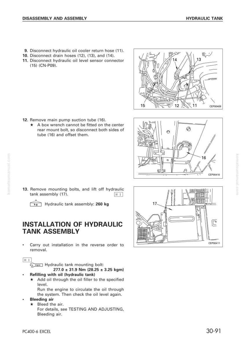 K&ouml;nnte beinhalten: Diagramm der Hydrauliktankbaugruppe mit nummerierten Teilen und Anweisungen f&uuml;r Demontage und Installation. Enth&auml;lt eine Hydrauliktankbaugruppe mit einem Gewicht von 260 kg.