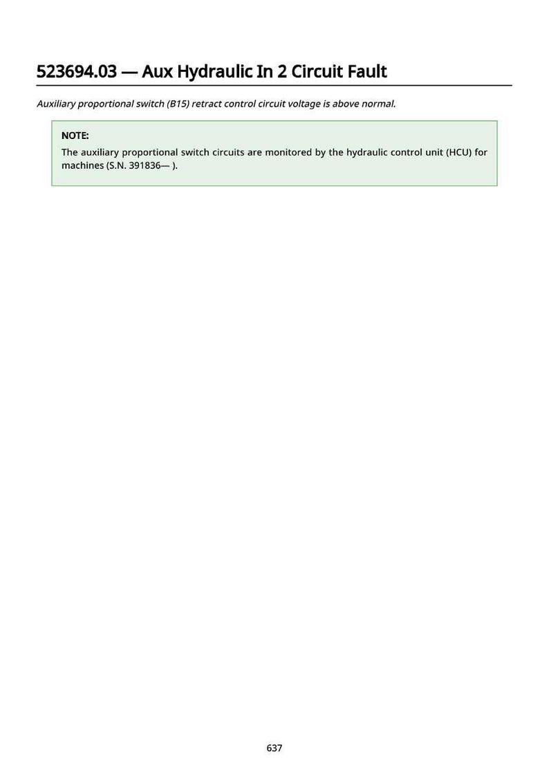 May include: Technical document titled "523694.03 - Aux Hydraulic In 2 Circuit Fault." The document includes a note stating that auxiliary proportional switch circuits are monitored by the hydraulic control unit (HCU) for machines.