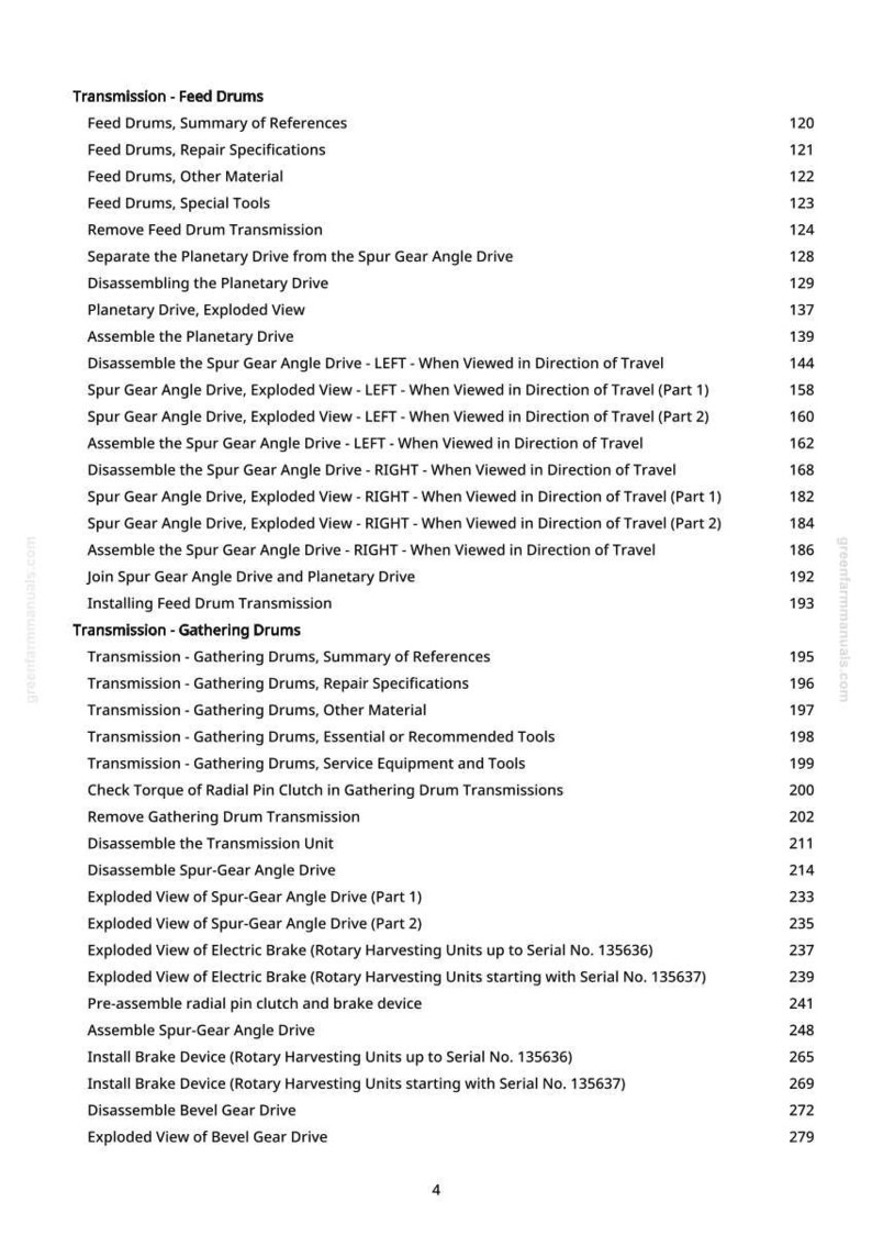 May include: A page from a manual with a table of contents for transmission and feed drums. The text includes various procedures like disassembly, exploded views, and assembly instructions. The page number is 4.