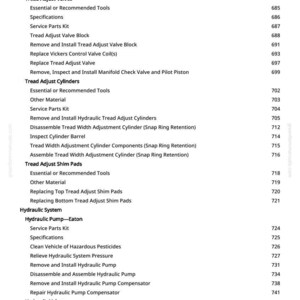 May include: A white page with a list of automotive repair procedures, including "Tread Adjust Valves" and "Hydraulic System." The text is in black, with page numbers on the right. The website greenfammanuals.com is visible.