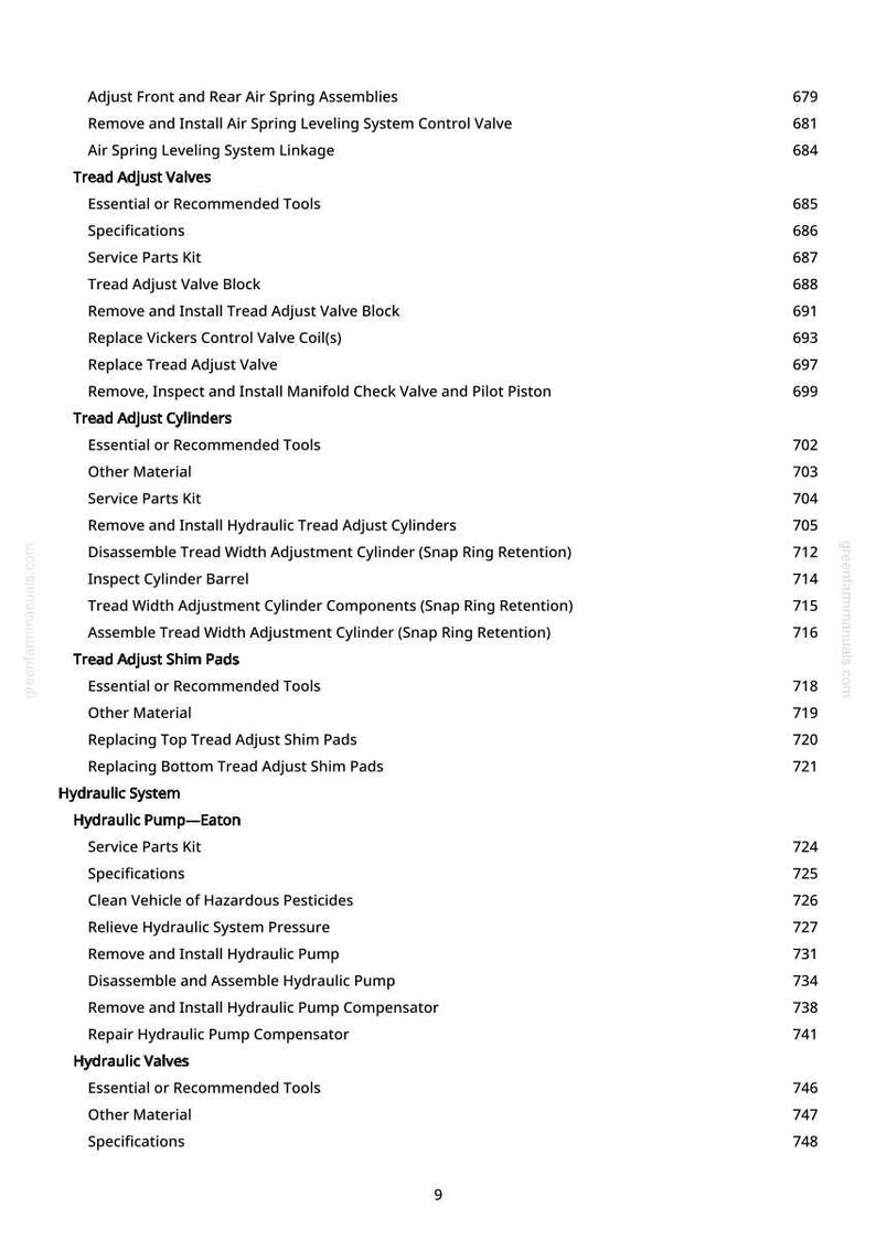 May include: A white page with a list of automotive repair procedures, including "Tread Adjust Valves" and "Hydraulic System." The text is in black, with page numbers on the right. The website greenfammanuals.com is visible.