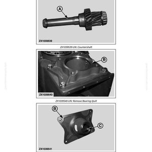Puede incluir: Diagrama que muestra la extracci&oacute;n de un contraeje, un casquillo de cojinete y una copa de cojinete. La imagen incluye primeros planos de las piezas con etiquetas y n&uacute;meros de pieza. El texto "Remove Countershaft" est&aacute; en la parte superior.