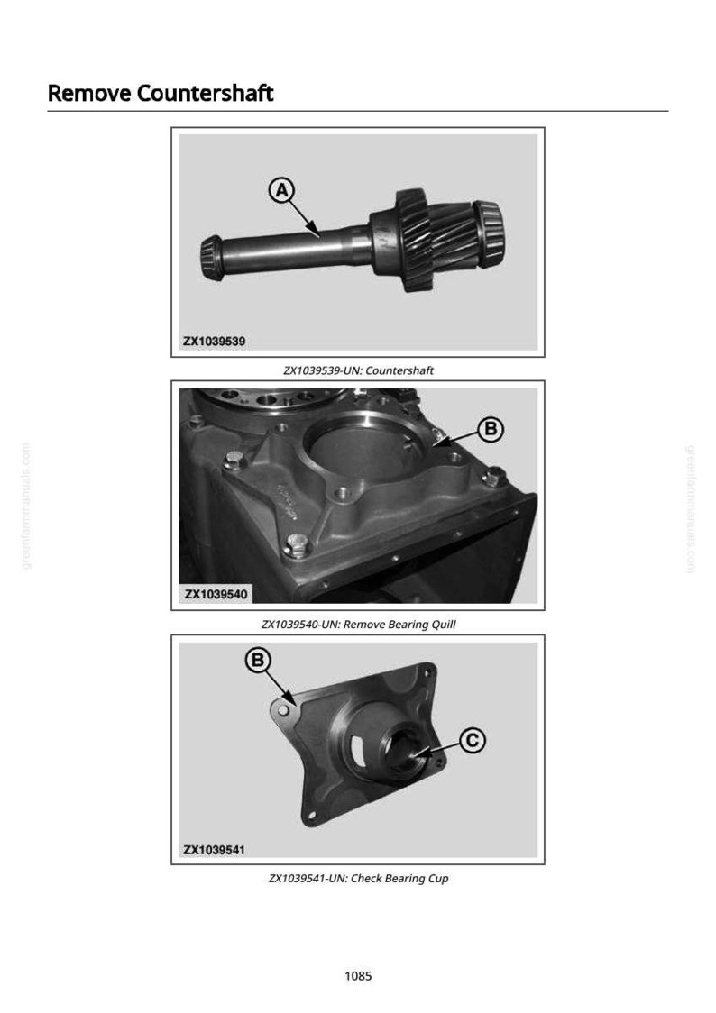 Puede incluir: Diagrama que muestra la extracci&oacute;n de un contraeje, un casquillo de cojinete y una copa de cojinete. La imagen incluye primeros planos de las piezas con etiquetas y n&uacute;meros de pieza. El texto "Remove Countershaft" est&aacute; en la parte superior.