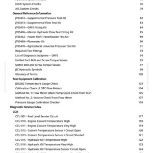 May include: A detailed contents page from a manual, listing operational checks, general reference information, and diagnostic service codes. Includes test equipment calibration and hydraulic system checks.