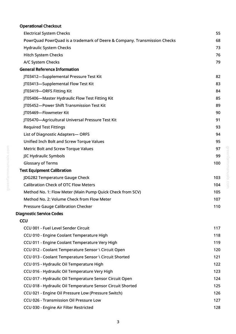 May include: A detailed contents page from a manual, listing operational checks, general reference information, and diagnostic service codes. Includes test equipment calibration and hydraulic system checks.