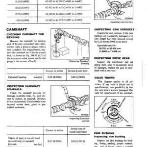Puede incluir: P&aacute;gina de un manual de reparaci&oacute;n de autom&oacute;viles con diagramas y especificaciones para la inspecci&oacute;n y reparaci&oacute;n del &aacute;rbol de levas. Incluye medidas en pulgadas y mil&iacute;metros, junto con ilustraciones.