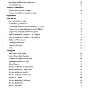 May include: A detailed contents page from a manual, listing topics including engine repair, fuel and air systems, and machine specifications. The text is black on white, with page numbers on the right.