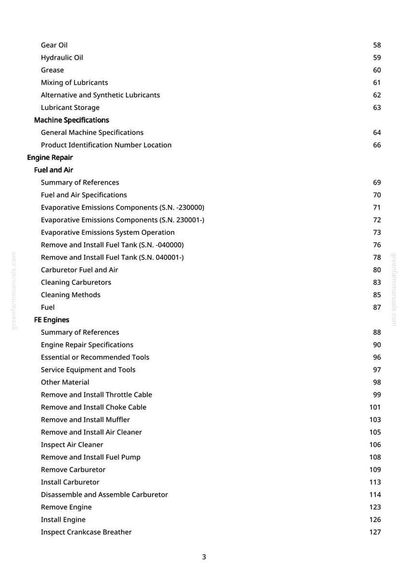 May include: A detailed contents page from a manual, listing topics including engine repair, fuel and air systems, and machine specifications. The text is black on white, with page numbers on the right.