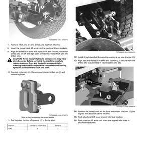 May include: Illustrated instructions for installing a mower deck, featuring close-up views of machinery components. The images show steps for aligning and securing parts, including lift arms, pins, and brackets. Text provides detailed guidance and safety warnings.