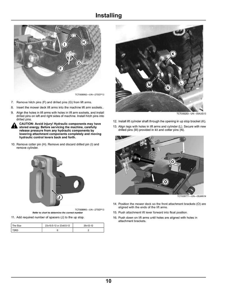 May include: Illustrated instructions for installing a mower deck, featuring close-up views of machinery components. The images show steps for aligning and securing parts, including lift arms, pins, and brackets. Text provides detailed guidance and safety warnings.