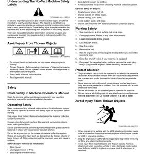Puede incluir: Una p&aacute;gina de manual de seguridad con advertencias e instrucciones para el funcionamiento de maquinaria. Incluye diagramas y texto sobre c&oacute;mo evitar lesiones, el funcionamiento seguro y la protecci&oacute;n de los ni&ntilde;os. Contiene s&iacute;mbolos de seguridad.