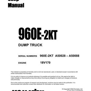 May include: A white shop manual cover with black text. The title "Shop Manual" is at the top, with "960E-2KT DUMP TRUCK" in large bold letters. Includes serial numbers and engine specifications. The Komatsu logo is at the bottom.