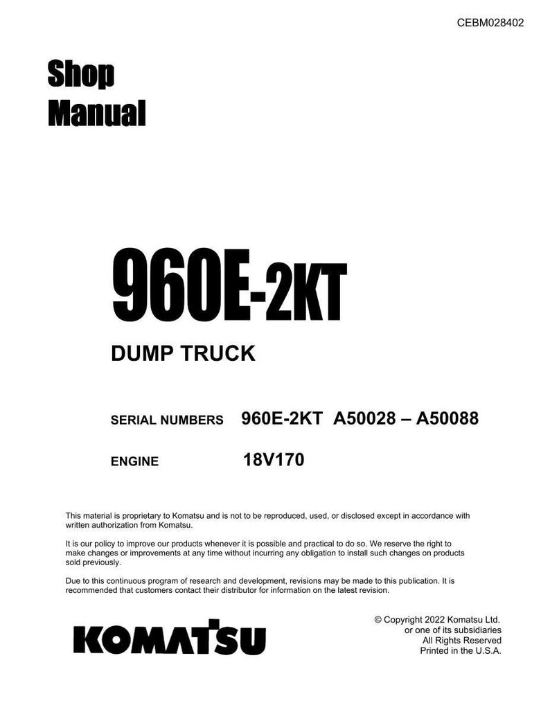 May include: A white shop manual cover with black text. The title "Shop Manual" is at the top, with "960E-2KT DUMP TRUCK" in large bold letters. Includes serial numbers and engine specifications. The Komatsu logo is at the bottom.