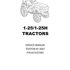 Pode incluir: Desenho a tra&ccedil;o preto e branco de um pequeno trator. O texto "1-25/1-25H TRACTORS" est&aacute; acima das palavras "SERVICE MANUAL EDITION 05-2007 P/N 6510275M1". O logotipo da Landini est&aacute; na parte inferior.