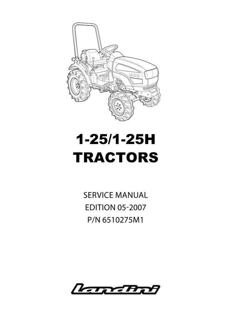 Pode incluir: Desenho a tra&ccedil;o preto e branco de um pequeno trator. O texto "1-25/1-25H TRACTORS" est&aacute; acima das palavras "SERVICE MANUAL EDITION 05-2007 P/N 6510275M1". O logotipo da Landini est&aacute; na parte inferior.