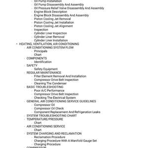 May include: A white document detailing automotive repair procedures. Topics include engine lubrication, air conditioning, and troubleshooting. The text is likely a service manual, with measurements in metric.