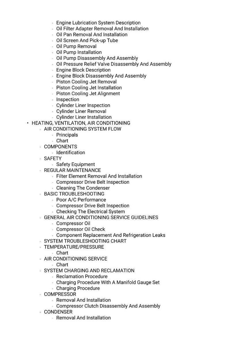 May include: A white document detailing automotive repair procedures. Topics include engine lubrication, air conditioning, and troubleshooting. The text is likely a service manual, with measurements in metric.
