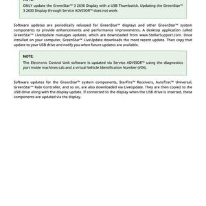 May include: A document titled "USB Software Updates" with text explaining software update procedures for GreenStar displays and components. Includes notes on USB thumbstick use and LiveUpdate.