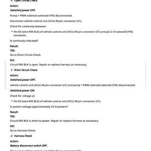 May include: A manual page detailing vehicle electrical system checks. Instructions cover open circuit, short circuit, and harness checks, with actions and results. The text is in black font on a white background.