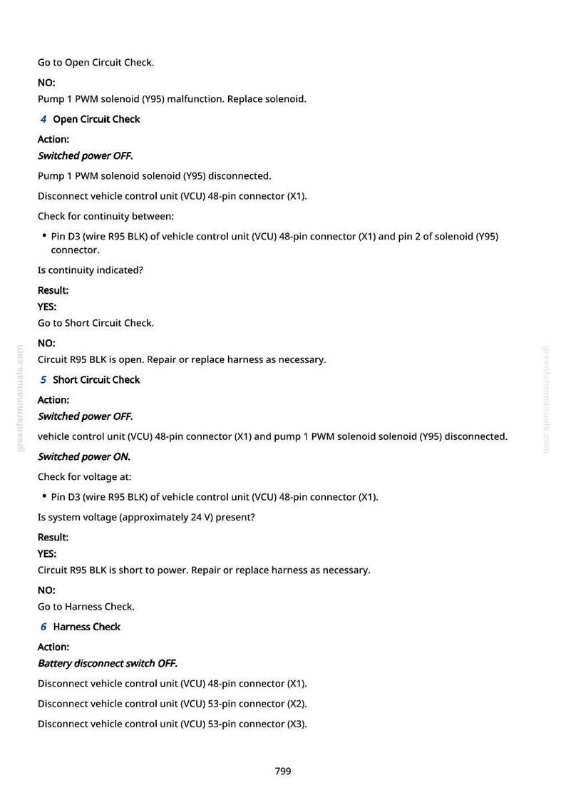 May include: A manual page detailing vehicle electrical system checks. Instructions cover open circuit, short circuit, and harness checks, with actions and results. The text is in black font on a white background.