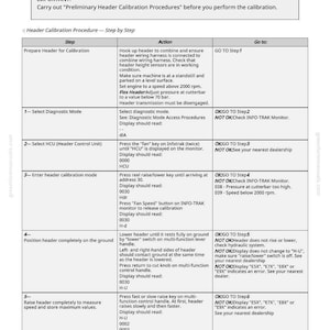 May include: A detailed, step-by-step guide for header calibration procedures. The document includes instructions, actions, and go-to steps, with display readings and error indicators. The text is in black on a white background.