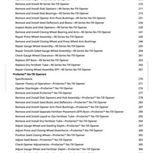 K&ouml;nnte beinhalten: Ein detailliertes Inhaltsverzeichnis aus einem Handbuch, das verschiedene Verfahren f&uuml;r 90 Series und ProSeries No-Till Openers auflistet. Themen sind &Ouml;ffner-Theorie, Einbau von Scheibenlagern und Austausch von D&uuml;ngemittelrohren. Seite 5.