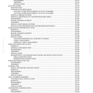 May include: A detailed technical document titled "DISASSEMBLY AND ASSEMBLY" with a table of contents. The document lists procedures like installation, removal, and adjustment for various mechanical components. The page number is 30-5.